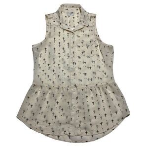 LA Hearts Sheer Peplum Sleeveless Button Up. Ivory with Crosses. Size M